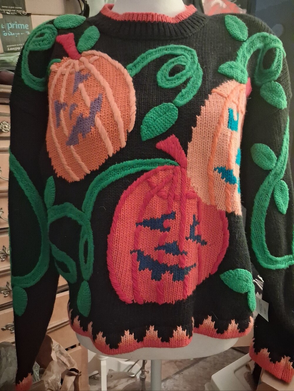 Used,not new,never worn chunky crew neck pumpkin embroidered sweater size 2 m-l. - Picture 6 of 8